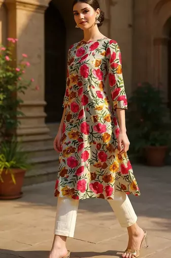 women grey rayon blend floral printed straight kurta