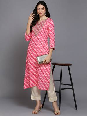 women pink viscose rayon leheriya embroidered straight kurta 5