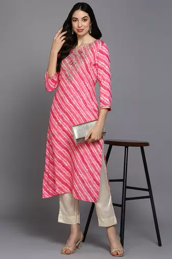 women pink viscose rayon leheriya embroidered straight kurta