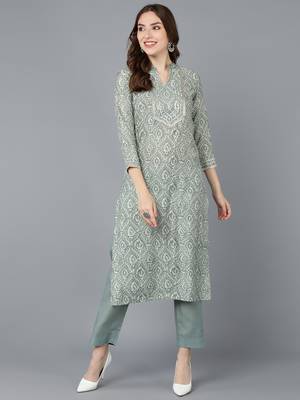 women green cotton ethnic motifs printed straight kurta 1