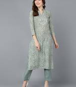 women green cotton ethnic motifs printed straight kurta