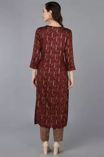 women maroon silk blend ethnic motifs embroidered straight kurta