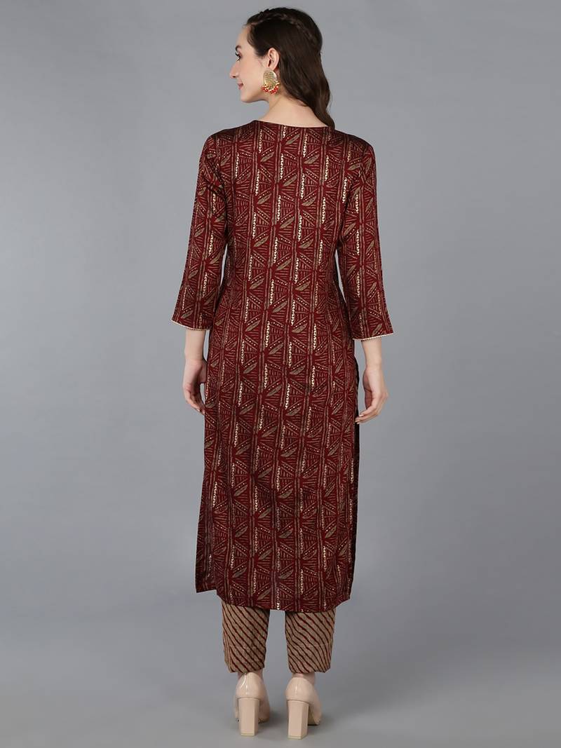 women maroon silk blend ethnic motifs embroidered straight kurta