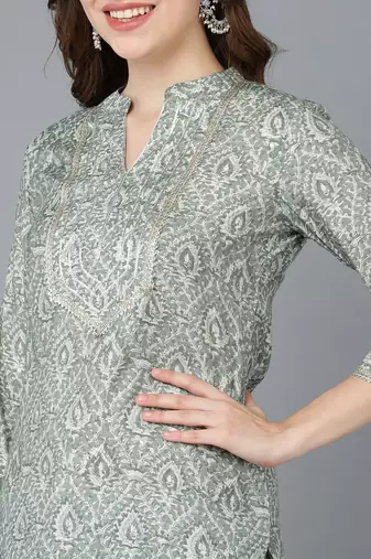 women green cotton ethnic motifs printed straight kurta