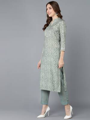 women green cotton ethnic motifs printed straight kurta 3