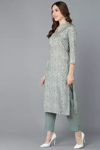 women green cotton ethnic motifs printed straight kurta