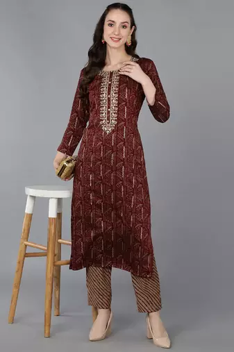 women maroon silk blend ethnic motifs embroidered straight kurta