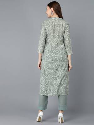 women green cotton ethnic motifs printed straight kurta 4