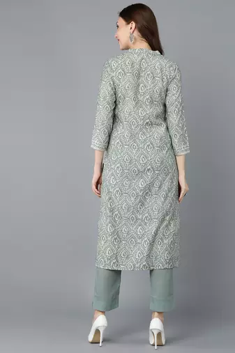 women green cotton ethnic motifs printed straight kurta