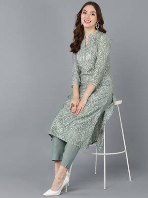 women green cotton ethnic motifs printed straight kurta 5