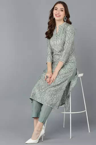women green cotton ethnic motifs printed straight kurta