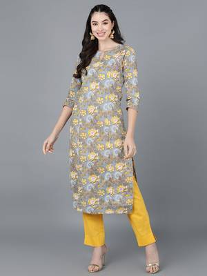 women grey cotton blend floral printed straight kurta 1