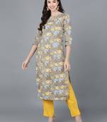 women grey cotton blend floral printed straight kurta