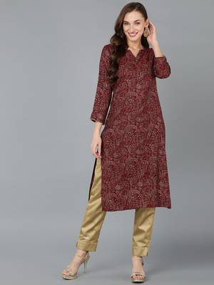 women maroon silk blend paisley printed straight kurta 1