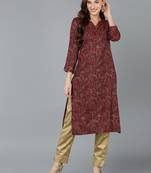 women maroon silk blend paisley printed straight kurta