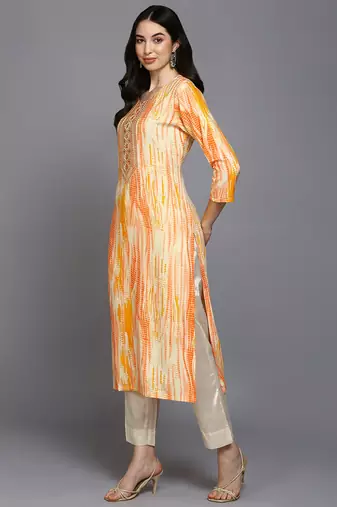 women cream viscose rayon abstract embroidered straight kurta