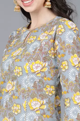 women grey cotton blend floral printed straight kurta