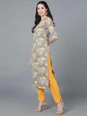 women grey cotton blend floral printed straight kurta 3