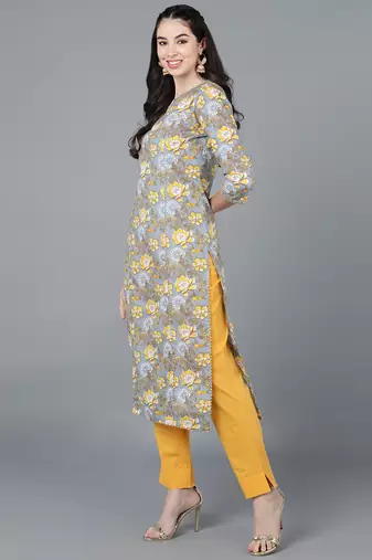 women grey cotton blend floral printed straight kurta