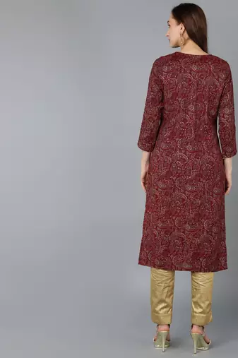 women maroon silk blend paisley printed straight kurta