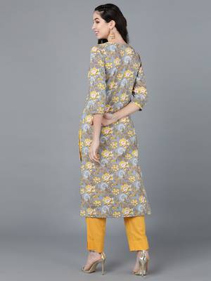 women grey cotton blend floral printed straight kurta 4