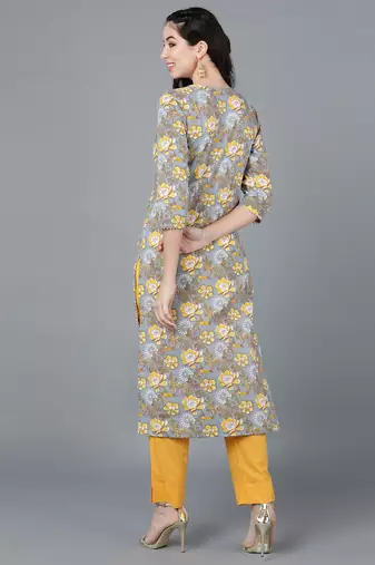 women grey cotton blend floral printed straight kurta