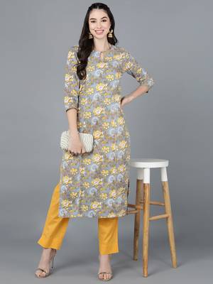 women grey cotton blend floral printed straight kurta 5
