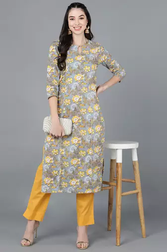 women grey cotton blend floral printed straight kurta