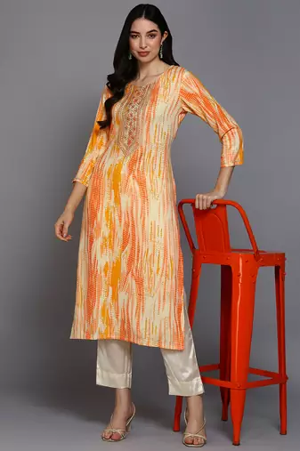 women cream viscose rayon abstract embroidered straight kurta