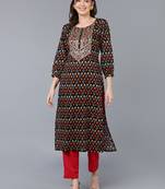 women black cotton ethnic motifs embroidered straight kurta