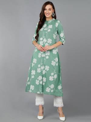 women green cotton floral printed a-line kurta 1