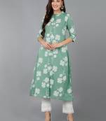 women green cotton floral printed a-line kurta
