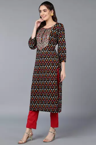 women black cotton ethnic motifs embroidered straight kurta