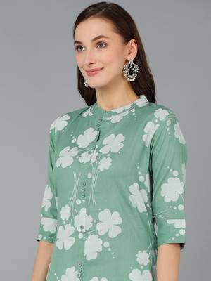 women green cotton floral printed a-line kurta 2