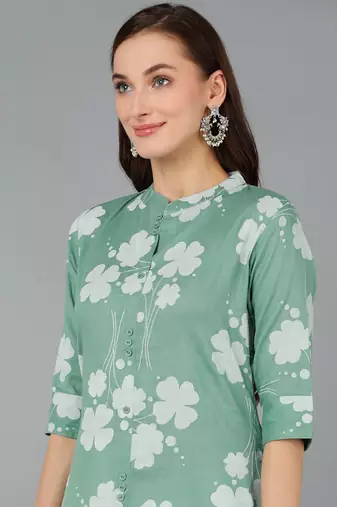 women green cotton floral printed a-line kurta