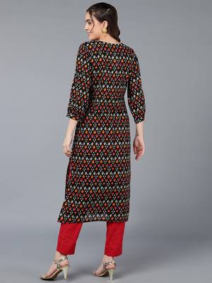 women black cotton ethnic motifs embroidered straight kurta 4