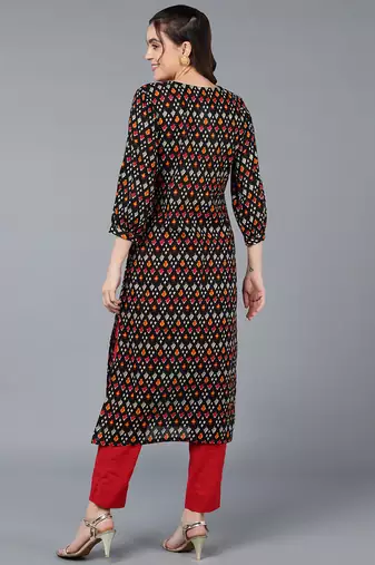 women black cotton ethnic motifs embroidered straight kurta
