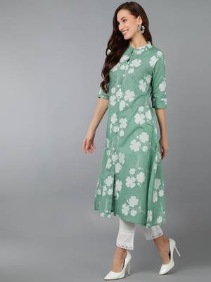 women green cotton floral printed a-line kurta 3