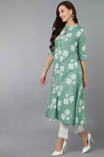 women green cotton floral printed a-line kurta