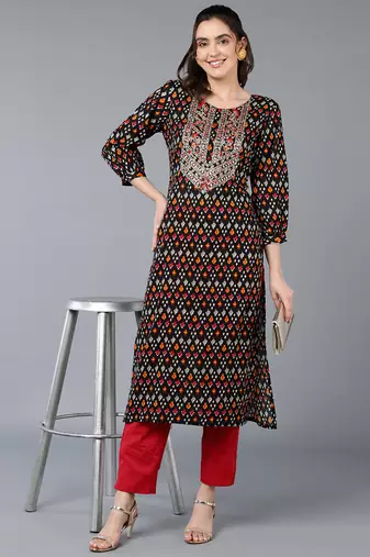 women black cotton ethnic motifs embroidered straight kurta