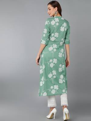 women green cotton floral printed a-line kurta 4