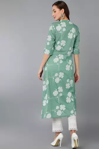 women green cotton floral printed a-line kurta