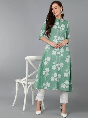 women green cotton floral printed a-line kurta 5