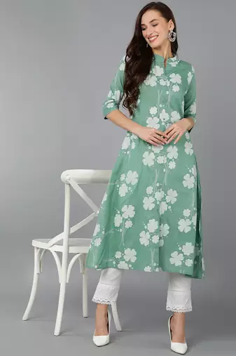 women green cotton floral printed a-line kurta