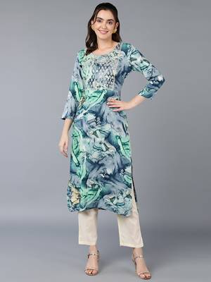 women turquoise blue viscose rayon abstract embroidered straight kurta 1