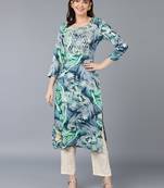 women turquoise blue viscose rayon abstract embroidered straight kurta