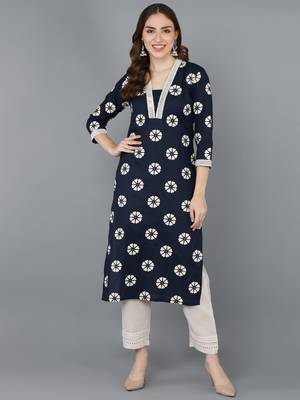 women navy blue cotton floral printed straight kurta 1