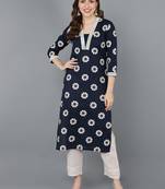 women navy blue cotton floral printed straight kurta