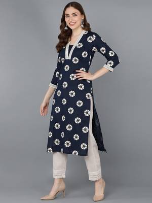 women navy blue cotton floral printed straight kurta 3