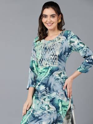 women turquoise blue viscose rayon abstract embroidered straight kurta 2